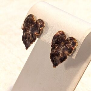 Vintage Elegant Brown Enamel Leaf Design Pierced Earrings